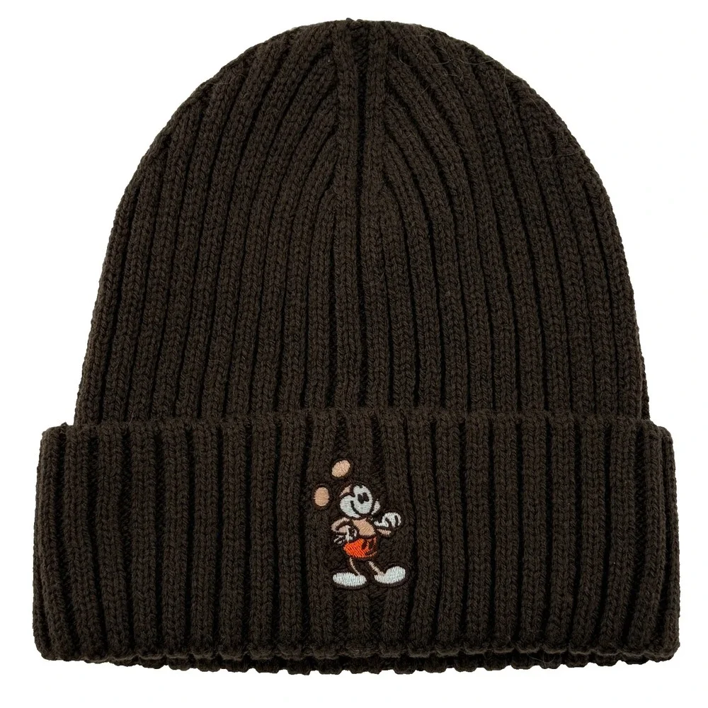 Disney Mickey Mouse Beanie Brown Ribbed Knit‎ Hat Adult Embroidered Classic