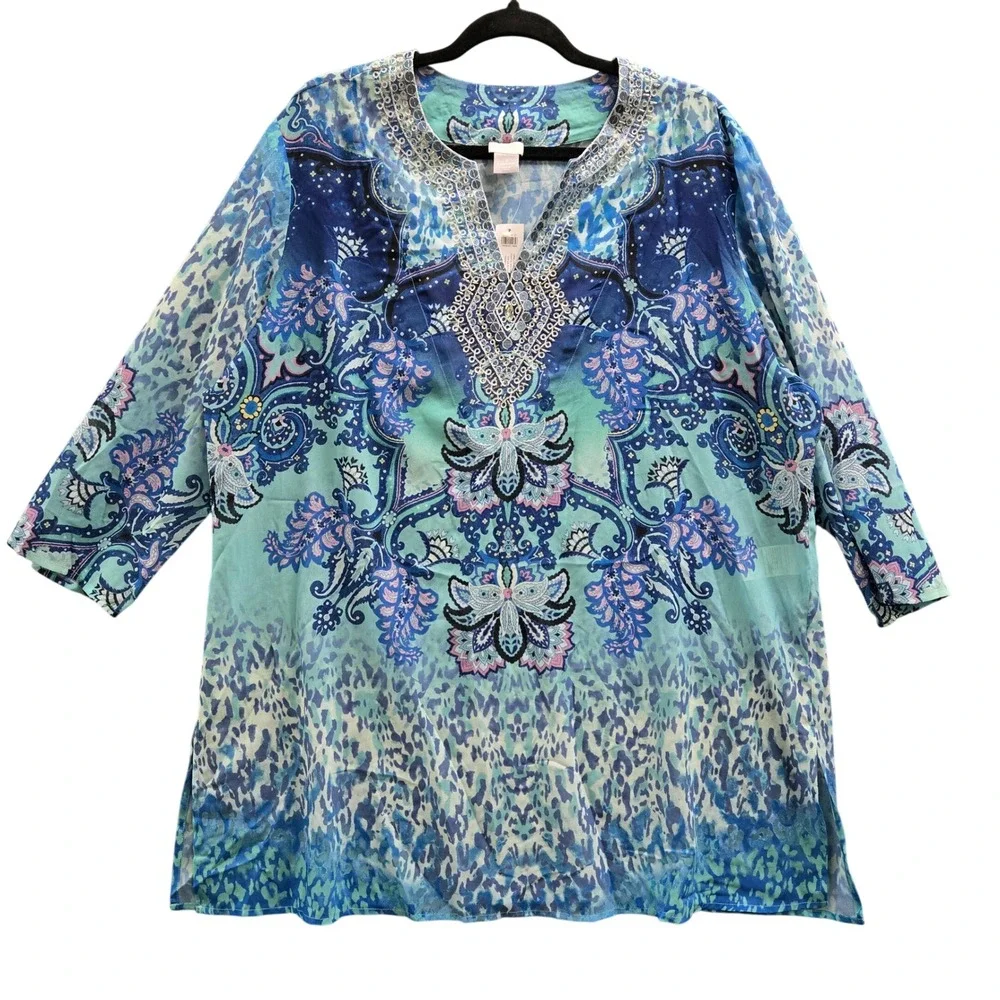 Chicos Embellished Tunic Coastal Sheer‎ Sz 3 16/18 Turquoise Blue Paisley Animal