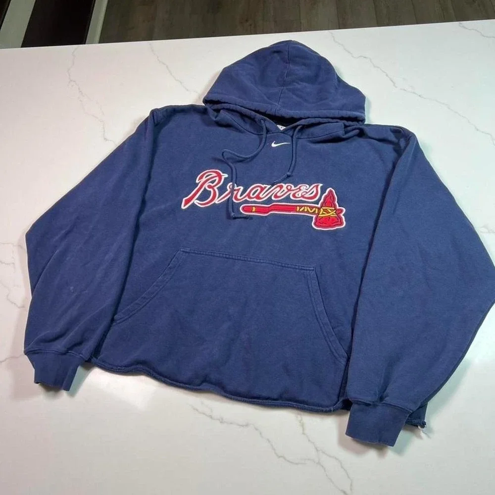 Nike Hoodie Mens Large Atlanta Braves MLB Navy Blue Center Swoosh Pullover