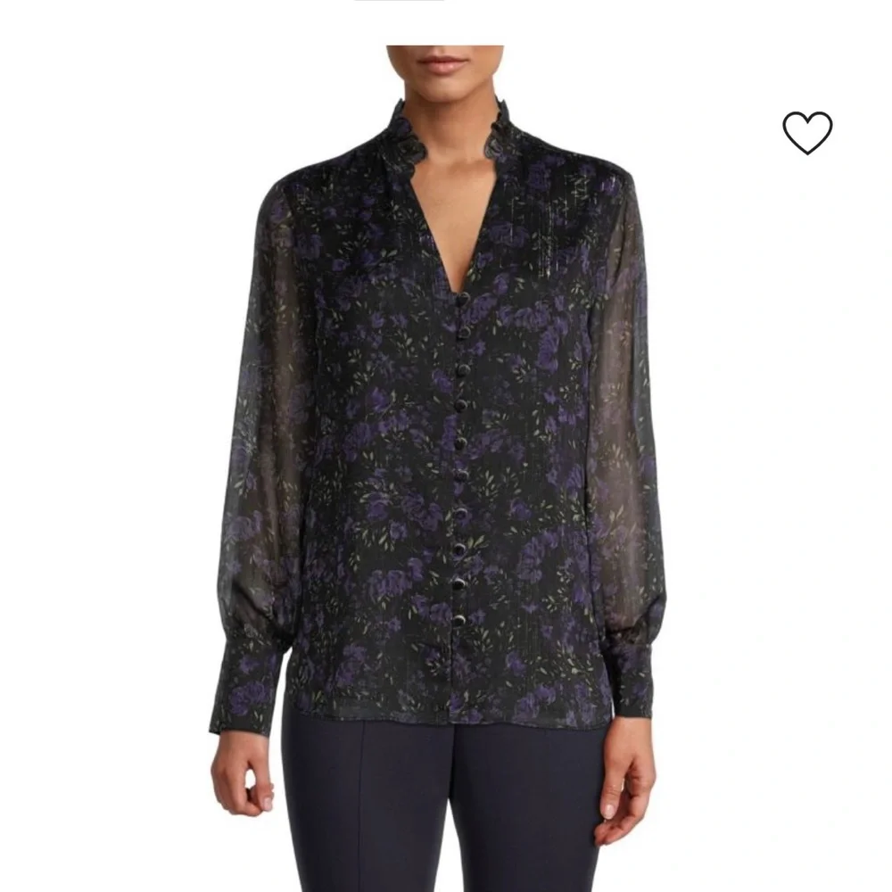 Elie Tahari‎ Whimsical Black and Purple Floral Blouse- Size XS