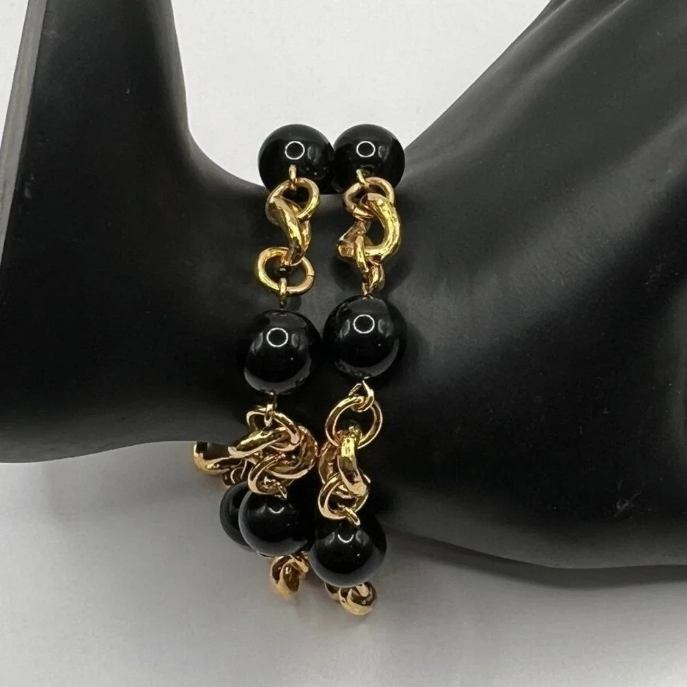 Gold Tone Chain Bracelet‎ Black Beaded Stations 7.5 inch
