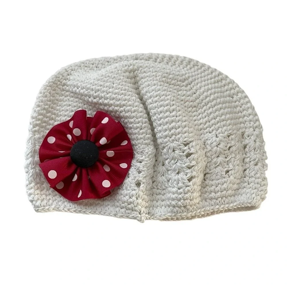 My‎ Lello Hat Handmade Beanie Little Girl Crochet White Kufi Flower New