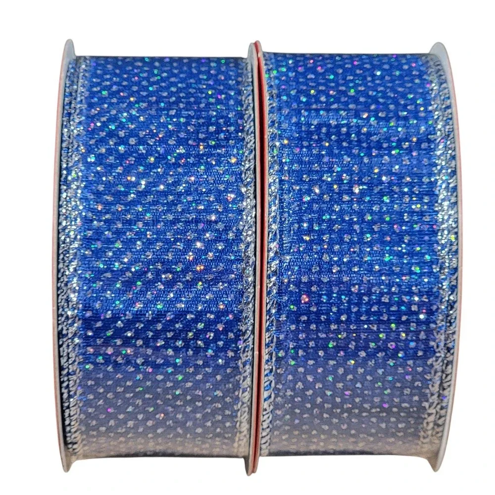 Hobby Lobby Blue Silver Polka Dot Wired Ribbon 1.5