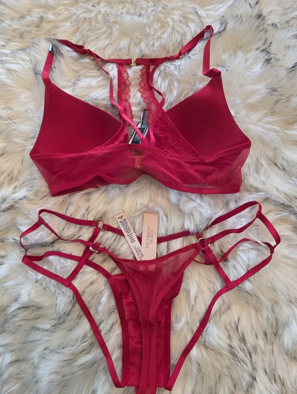 Victoria's Secret Red Angel Wing Back Strappy Bra Panty Set 34B M Gold Hardware