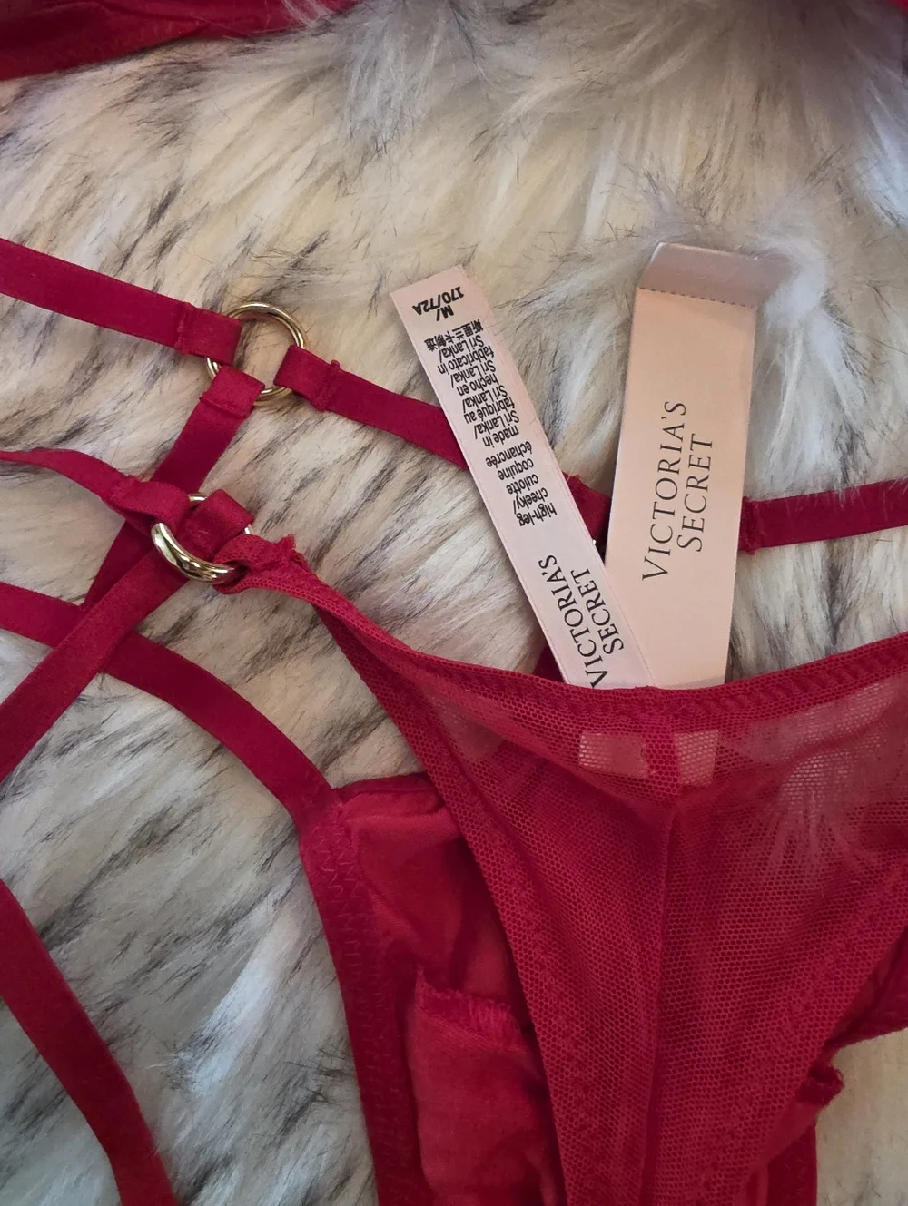 Victoria's Secret Red Angel Wing Back Strappy Bra Panty Set 34B M Gold Hardware