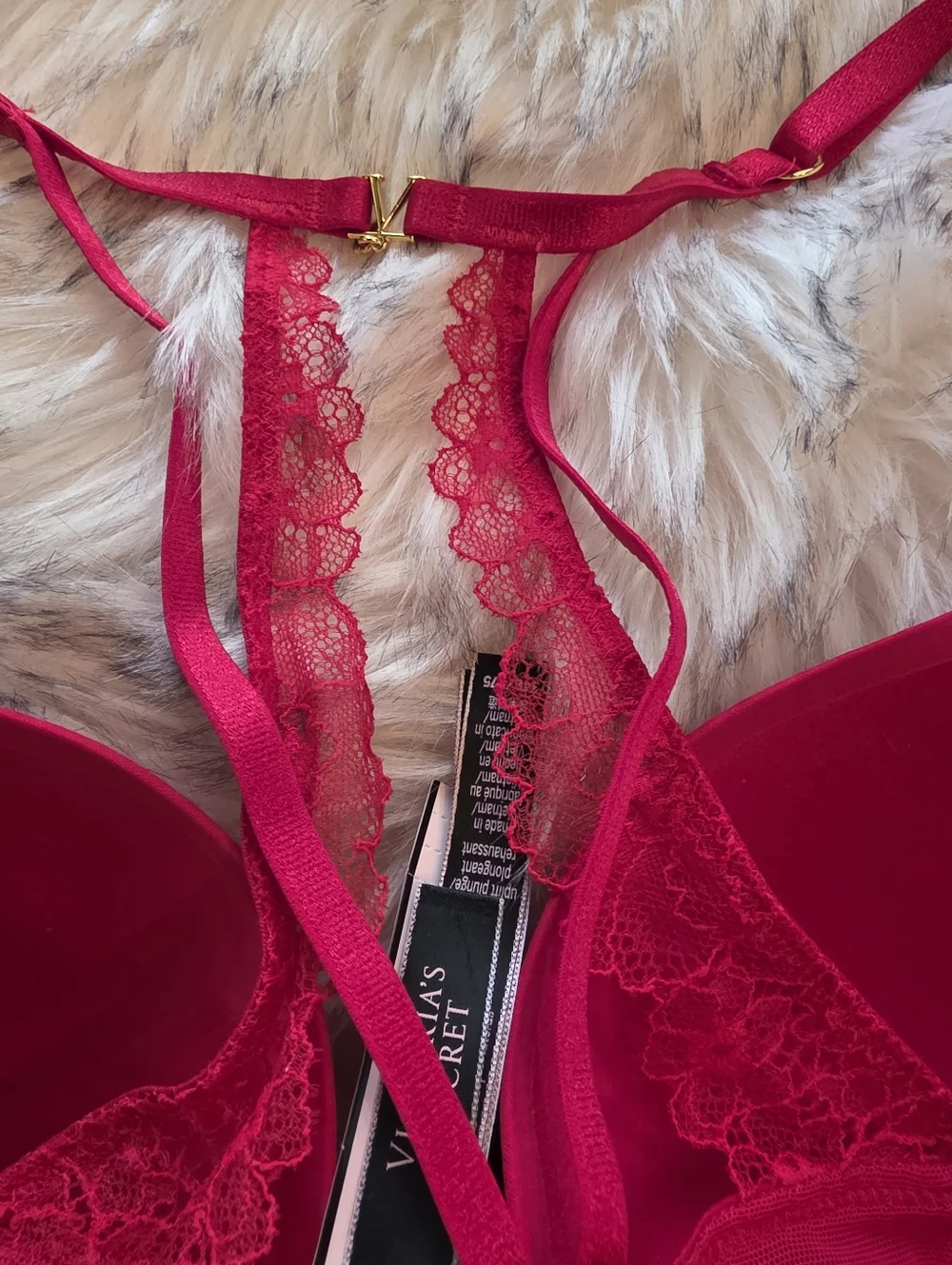 Victoria's Secret Red Angel Wing Back Strappy Bra Panty Set 34B M Gold Hardware
