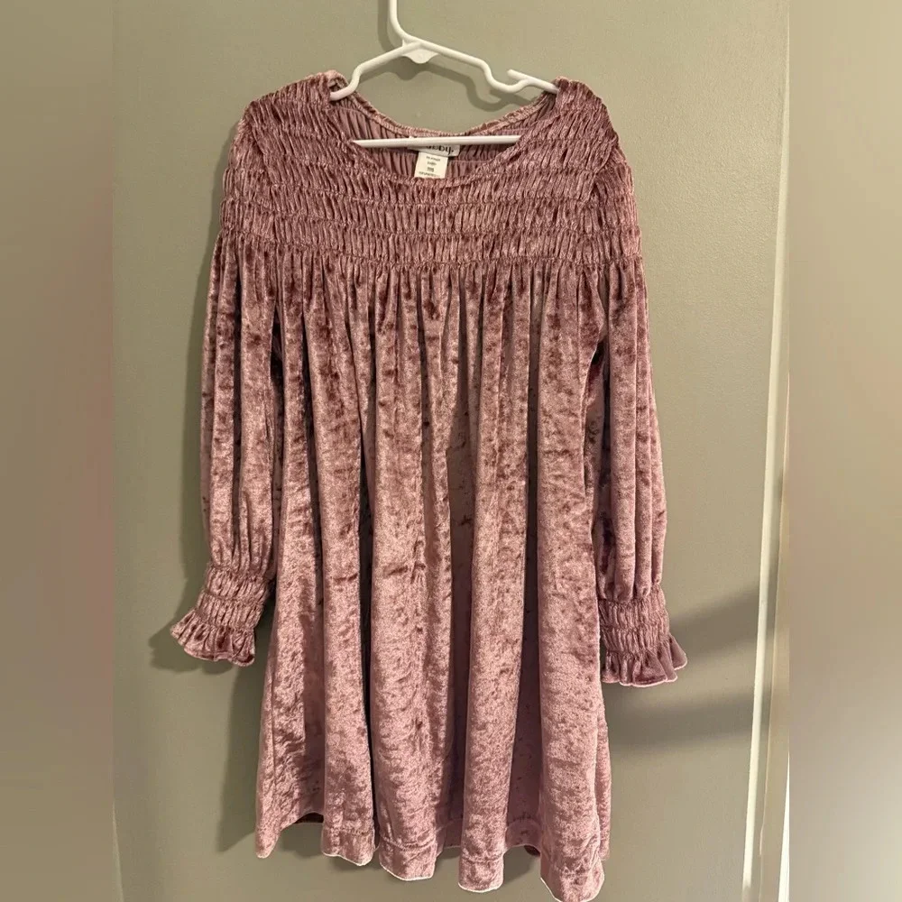 Pink long sleeve casual dress with smocked bodice and gathered cuffs 8
