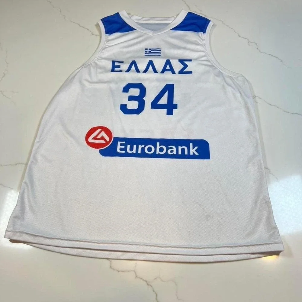 Greece Basketball Jersey Mens Giannis Antetokounmpo 34 White Blue Mesh L