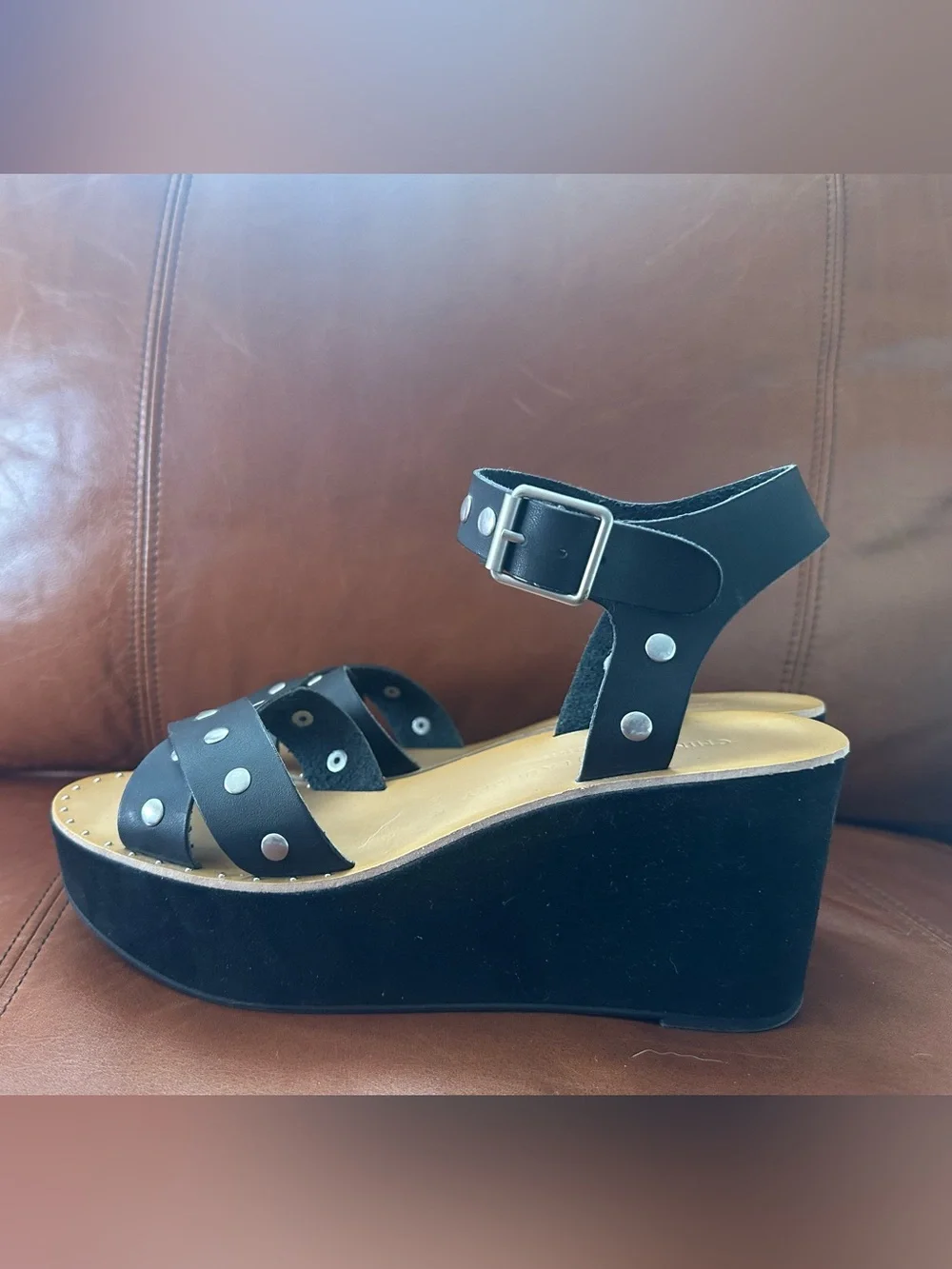 Chinese Laundry Black Leather Studded Ankle Strap Wedge Sandals  9