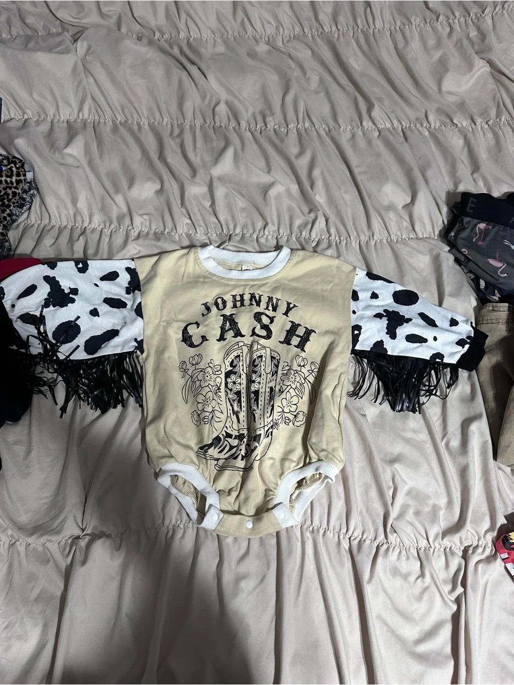 Boutique Beige Baby One-Piece with Johnny cash  Fringe Sleeves