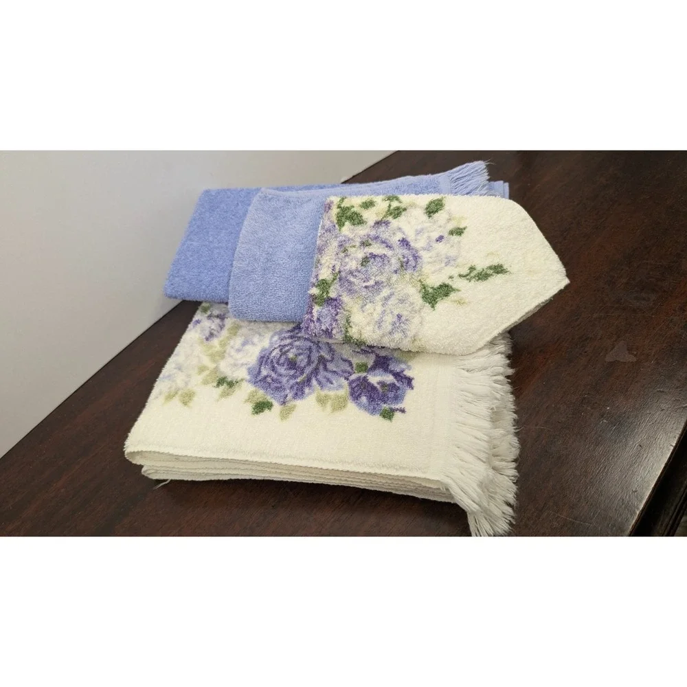Vintage Mixed Cotton Towel Set Penneys Harmony House Cannon Floral Blue USA 4pc