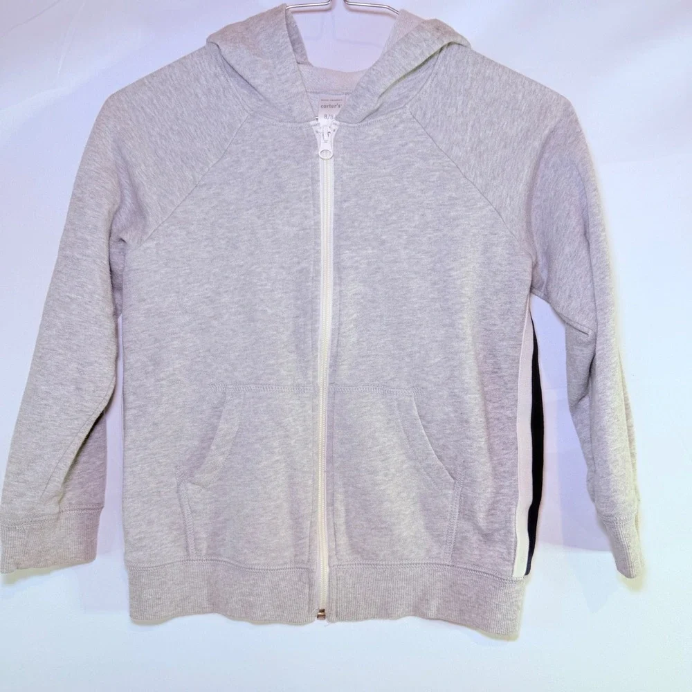 Carters Kids Heather Gray‎ Zip Up Hoodie Navy Side Stripe Fleece Sweatshirt 8/8A