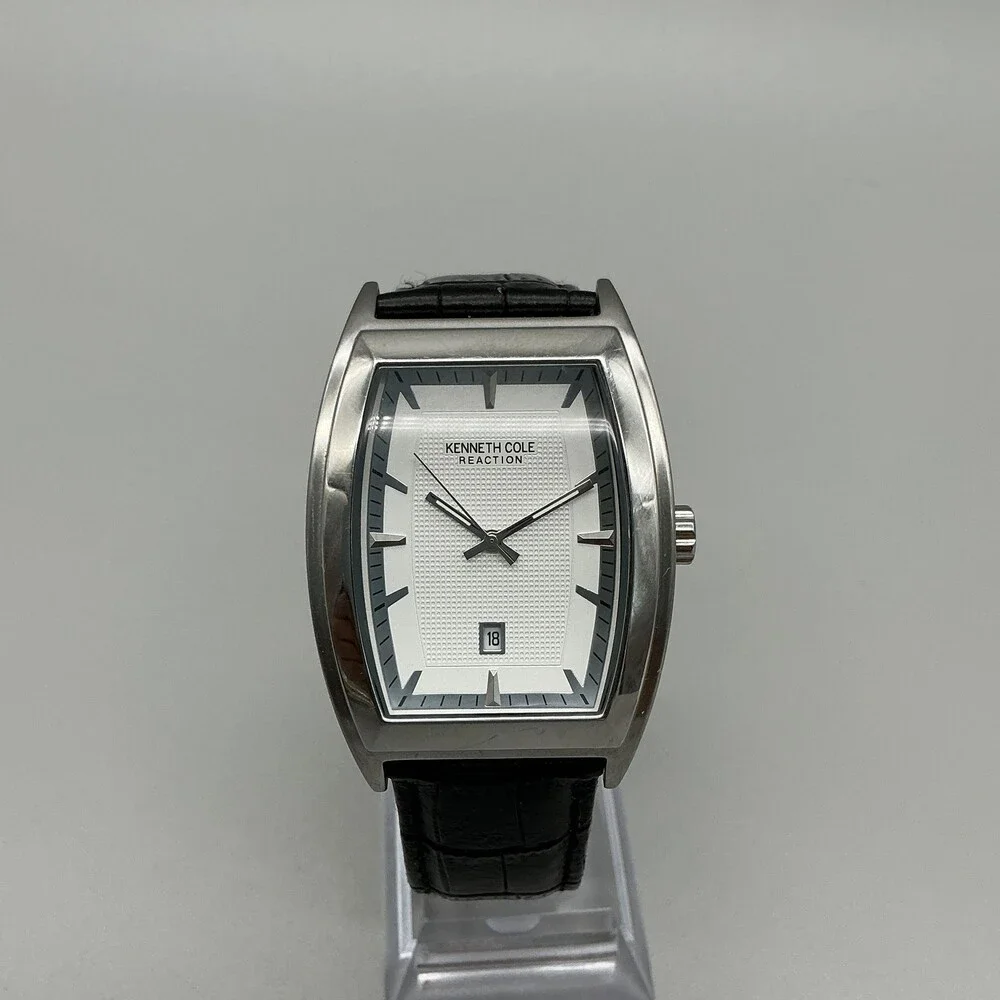 Kenneth Cole Reaction Men Watch 35mm Silver Tone Leather Date KC1667 New Battery