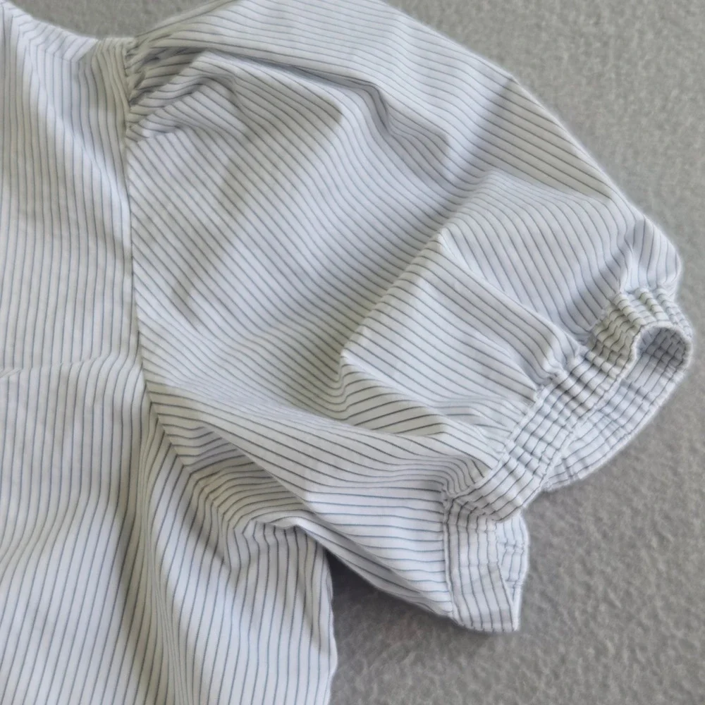 Banana‎ Republic Blouse Women XL White Blue Pinstripe Puff Sleeve Split Neck Top