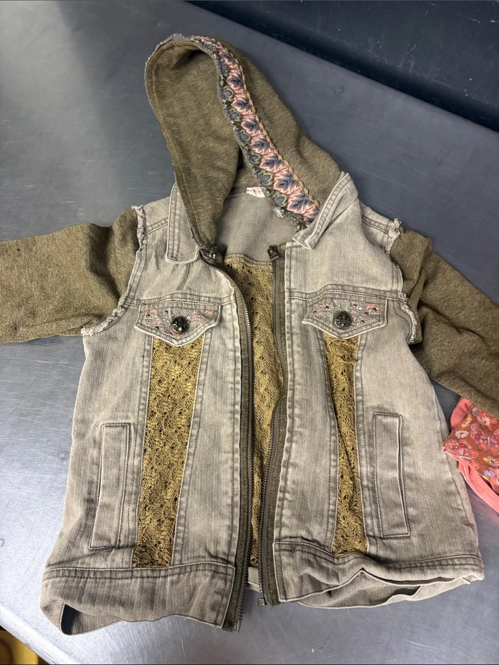 Miss Me Olive Knit-Sleeve Denim Jacket with Lace Panels