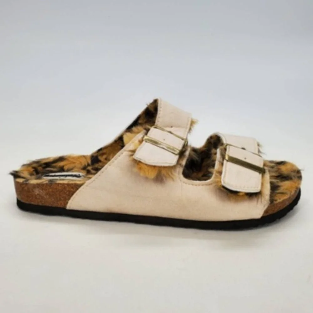 Vintage 93 Shoes Womens Cozi Slides Sandals Beige Leopard Faux Fur 9‎ M