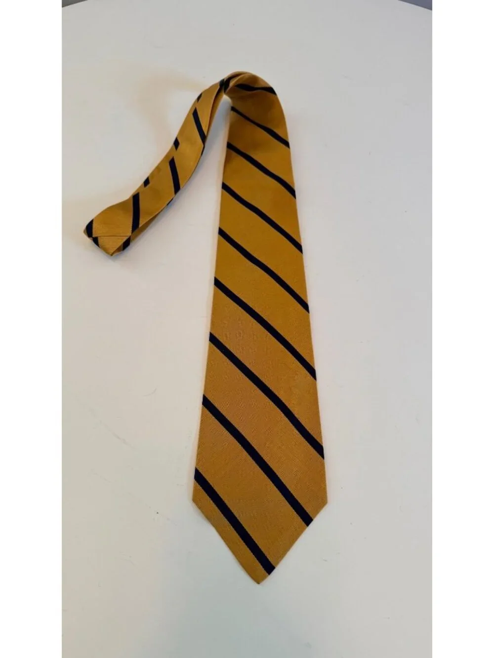 Polo By Ralph Lauren Gold & Navy Blue Striped 100% Silk Handmade Tie Made In USA