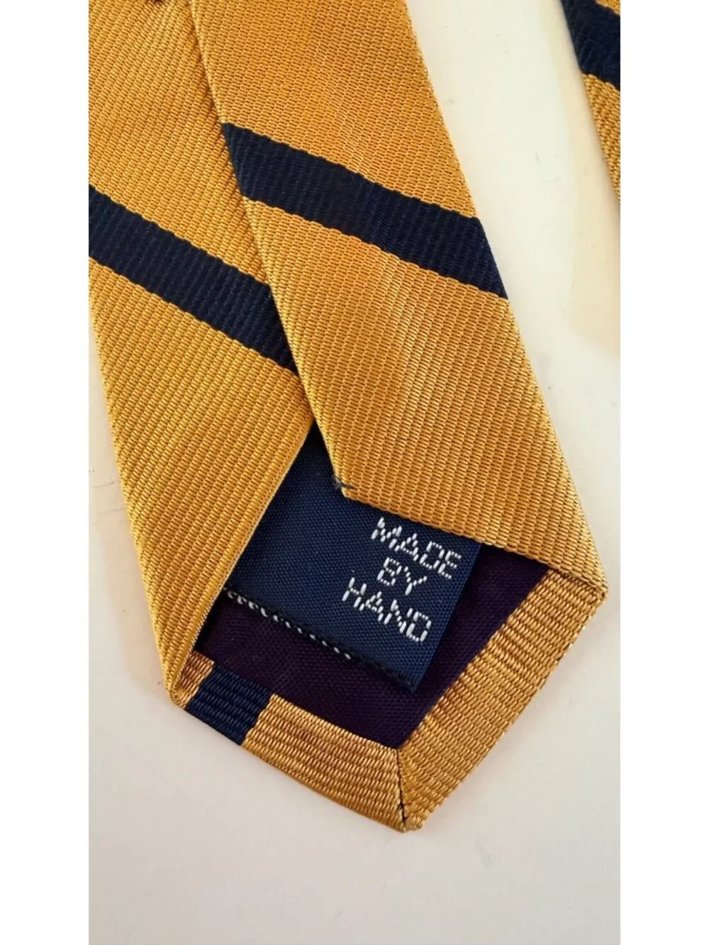 Polo By Ralph Lauren Gold & Navy Blue Striped 100% Silk Handmade Tie Made In USA