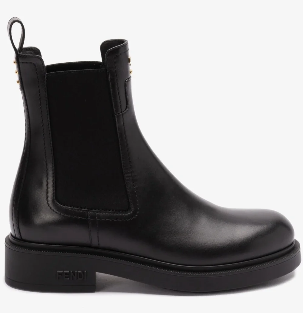 Fendi Filo Black Leather Elastic Pull On Gold Logo Short Ankle Chelsea Boot 41