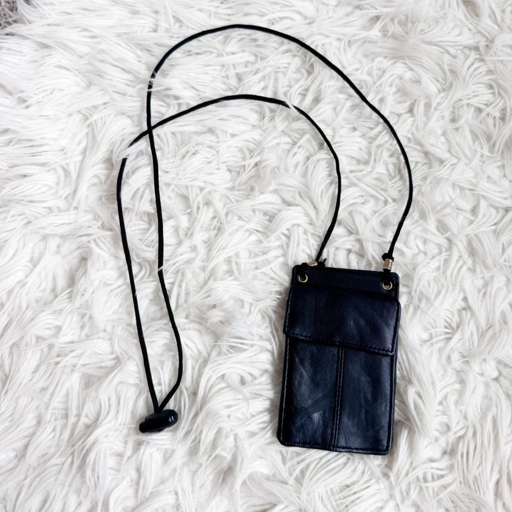 Black Leather Neck Wallet Card Holder Lanyard Travel Pouch OS