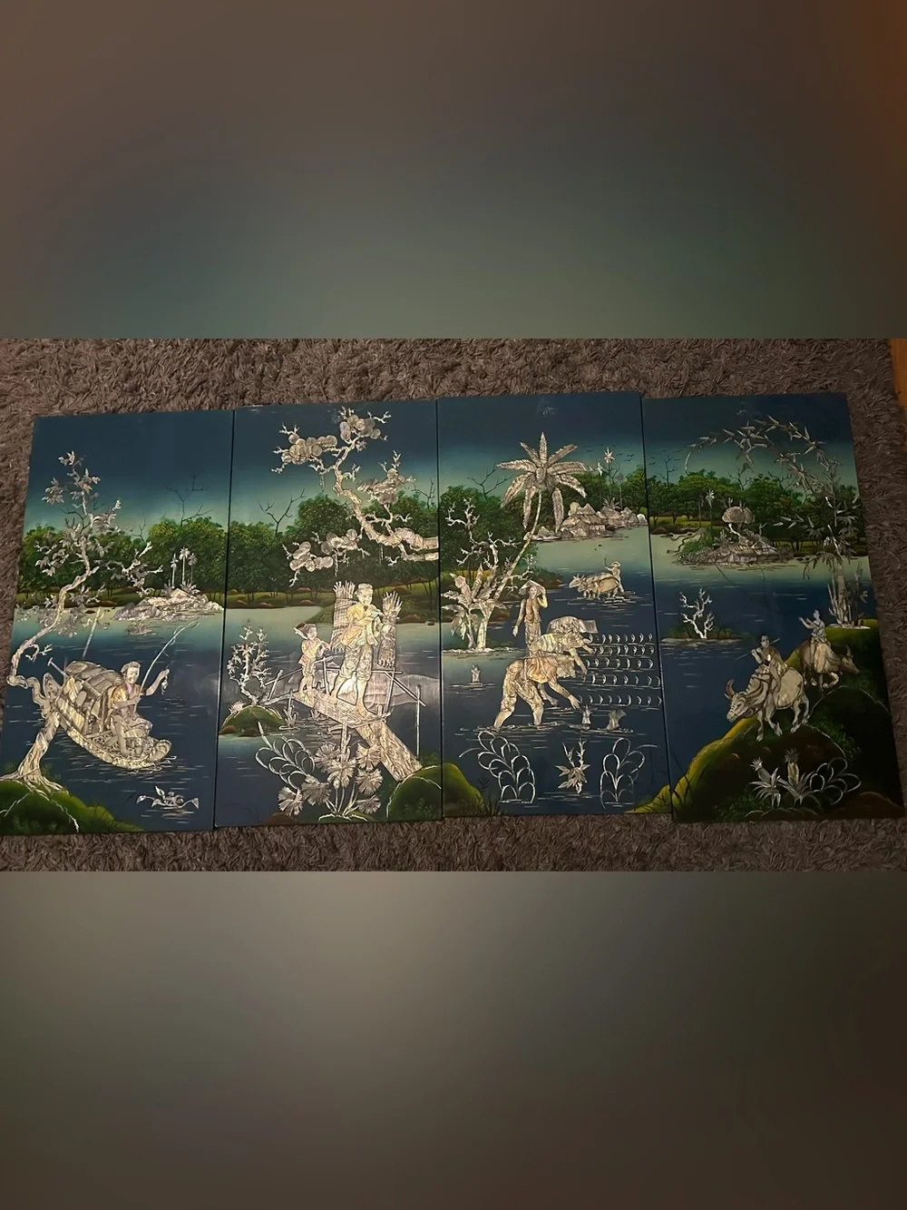 Vintage 4-Panel Vietnamese Laquer & Mother of Pearl Wall Decor 32x64