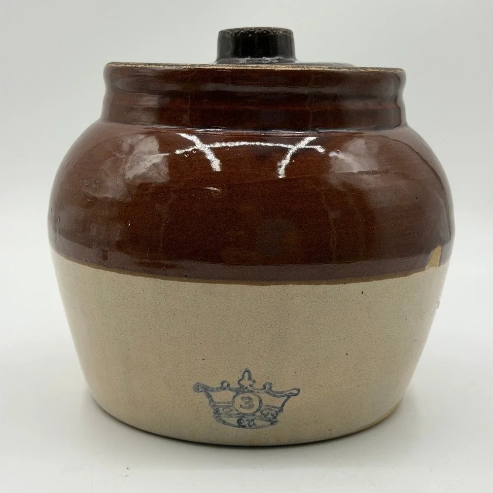 Vintage Robinson Ransbottom Blue Crown 3 Two Tone Stoneware Bean Pot with Lid