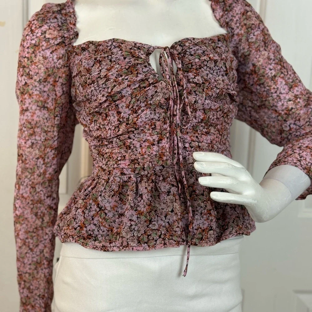 Astr Pink Puff Sleeve Smocked Blouse. C7