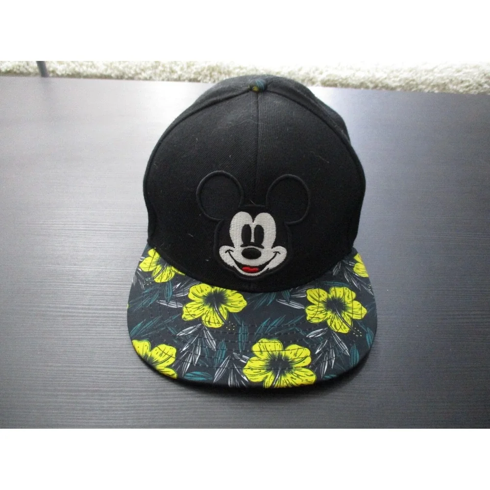 Disney Hat Cap Mens Black Snap Back Floral Hawaiian Mickey Mouse Logo Cartoon A2