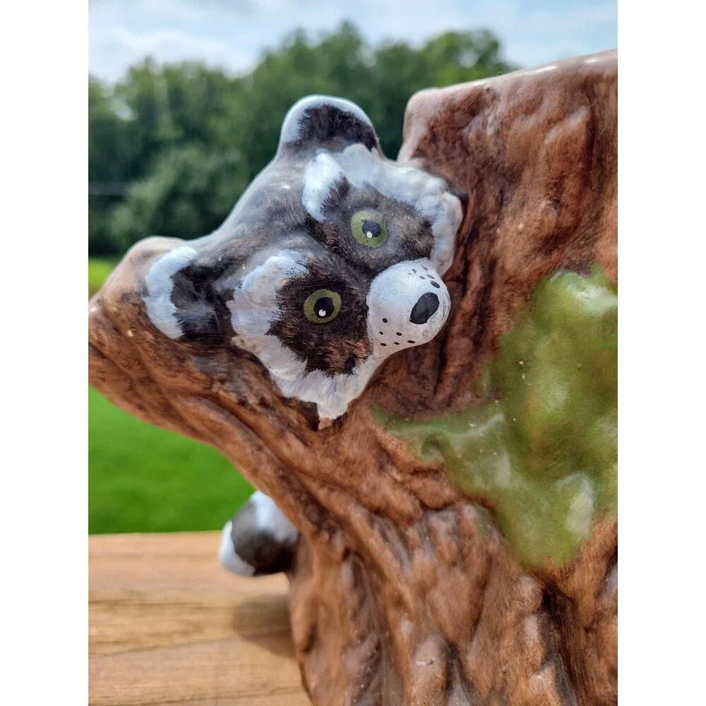 VTG Handpainted Ceramic Raccoons and Tree Stump Planter 11x6x6 USA 1970s-80s