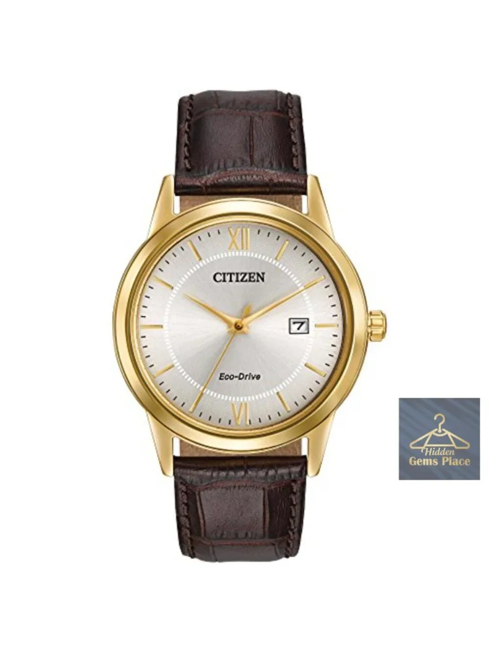 Men's Eco-Drive Leather Strap Watch, 3-Hand Date, Gold-Tone Stainless Steel