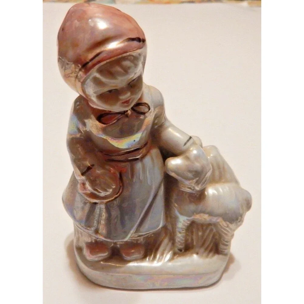 Vintage Lustreware Figurine Girl with Bonnet & Lamb Iridescent Porcelain Japan