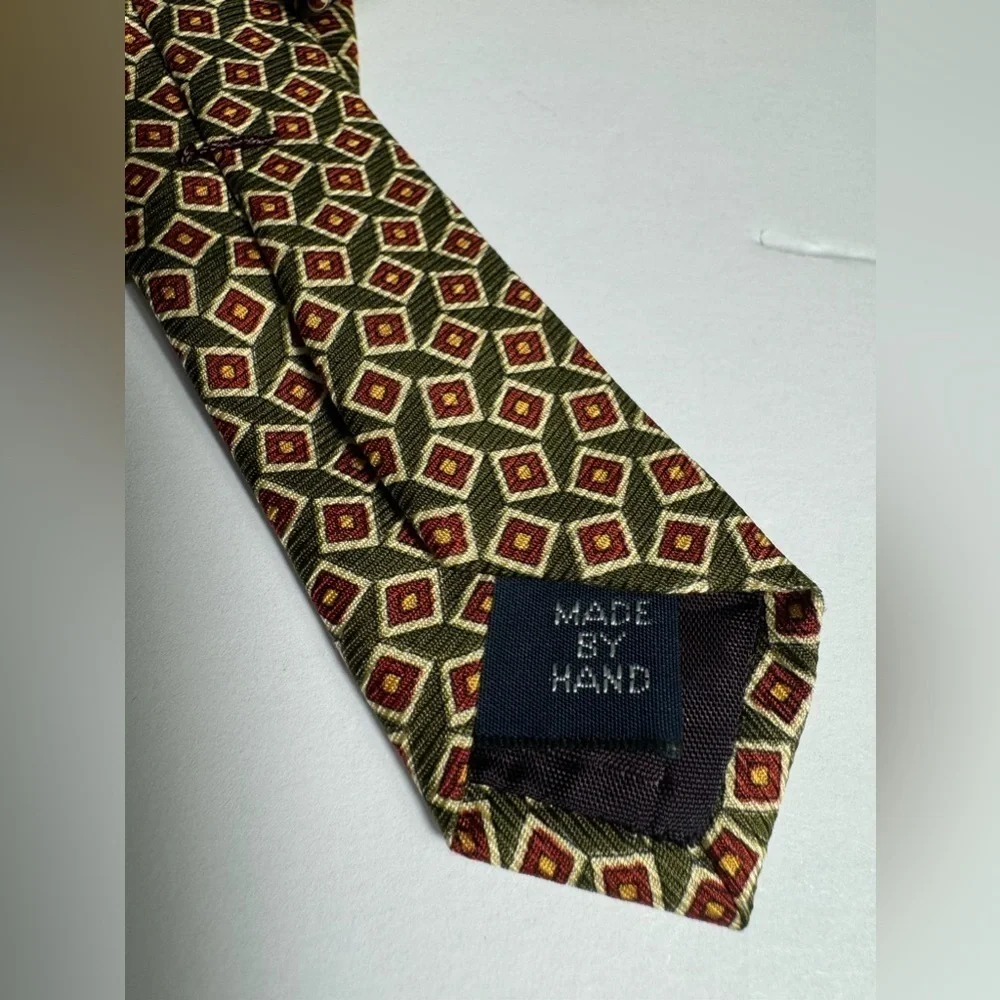 POLO RALPH LAUREN Necktie -Tie Handmade Usa Silk Green-Burgundy Squares