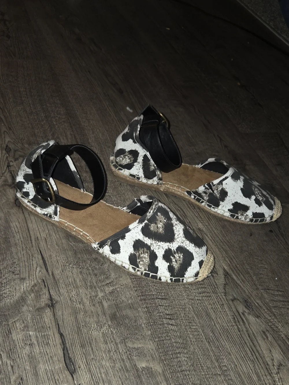Style & Co. Black and White Leopard Espadrille Flats with Black Ankle Strap
