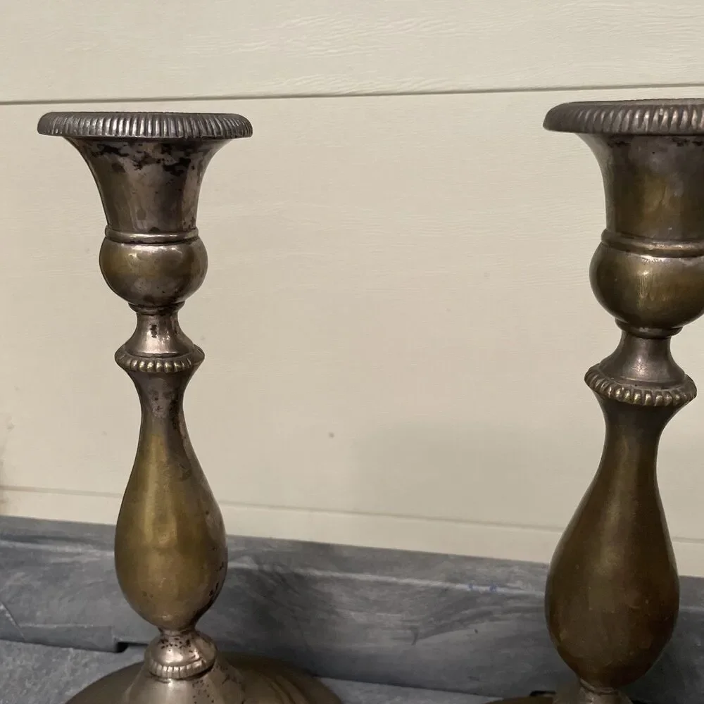 Vintage Silver-Plated Brass Candlesticks with Heavy Patina