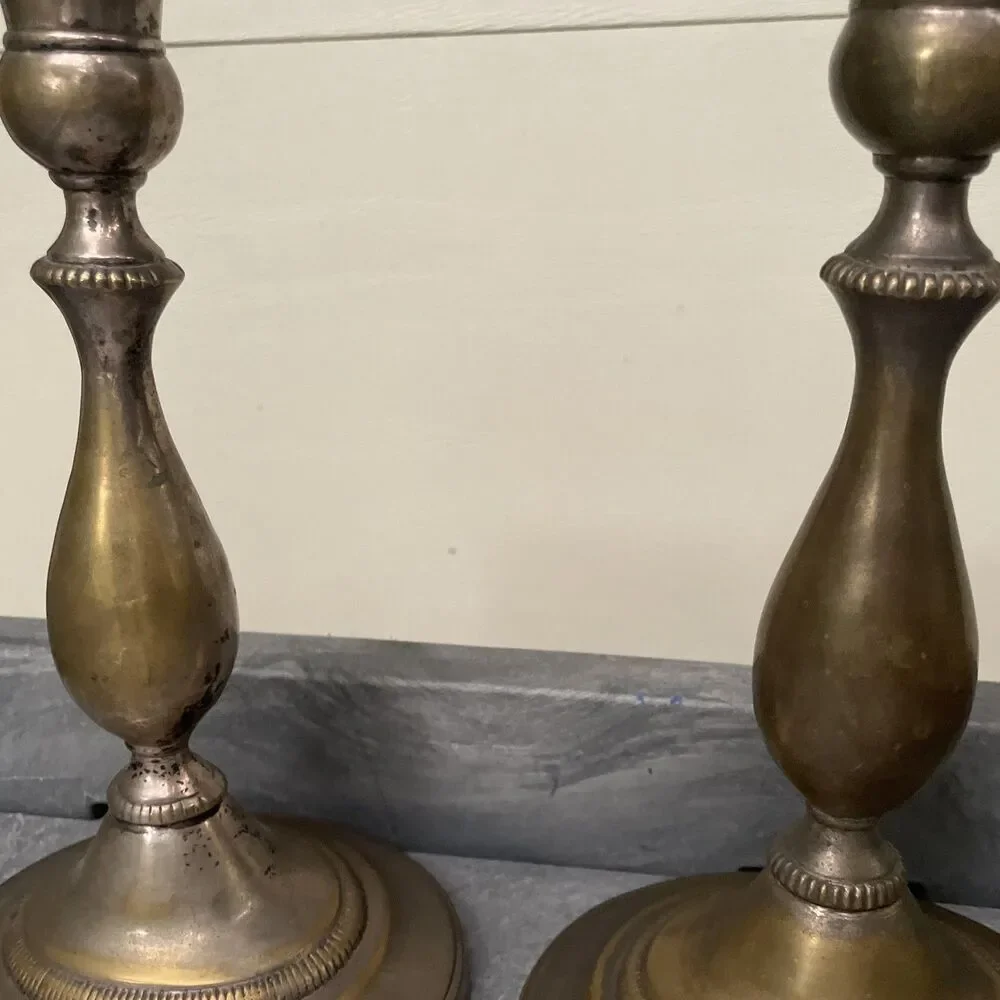 Vintage Silver-Plated Brass Candlesticks with Heavy Patina