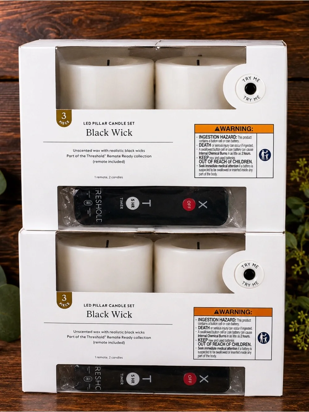 Threshold LED Pillar Candle Set Black Wick 2 Box Lot 4 Candles + 2 Remotes