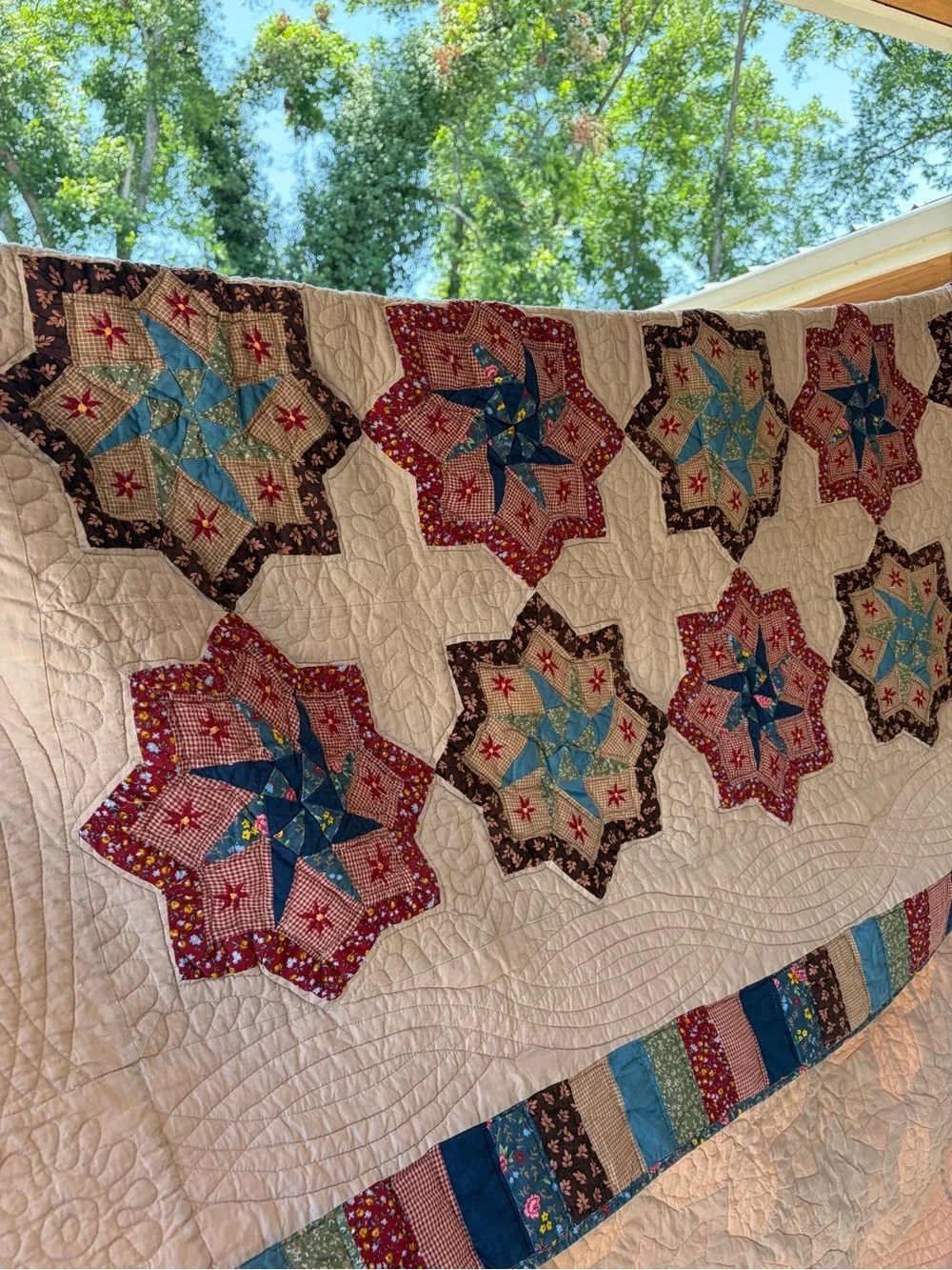 Vintage Pinewheel Star Quilt, 1980s Patchwork Quilt, 84x86”