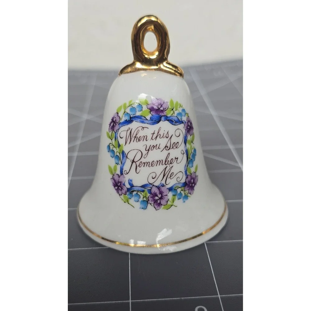 Vintage 1979 Enesco Porcelain Bell When This You See Remember Me Floral Gold