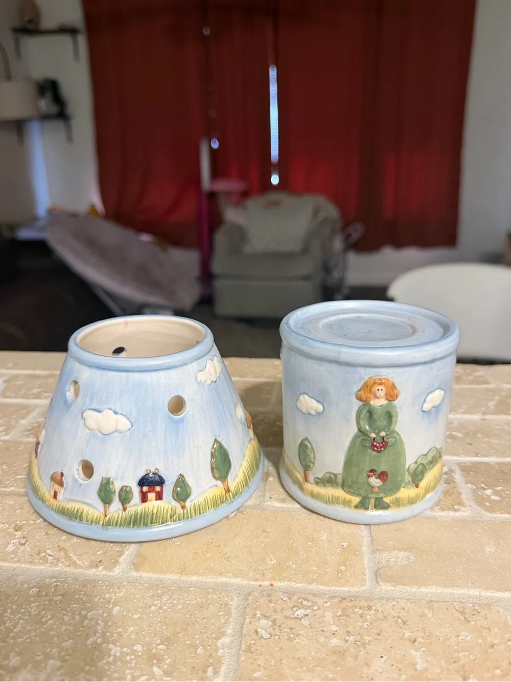 Hand-Painted Ceramic Mushroom Lamp in Light Blue with Green Accents