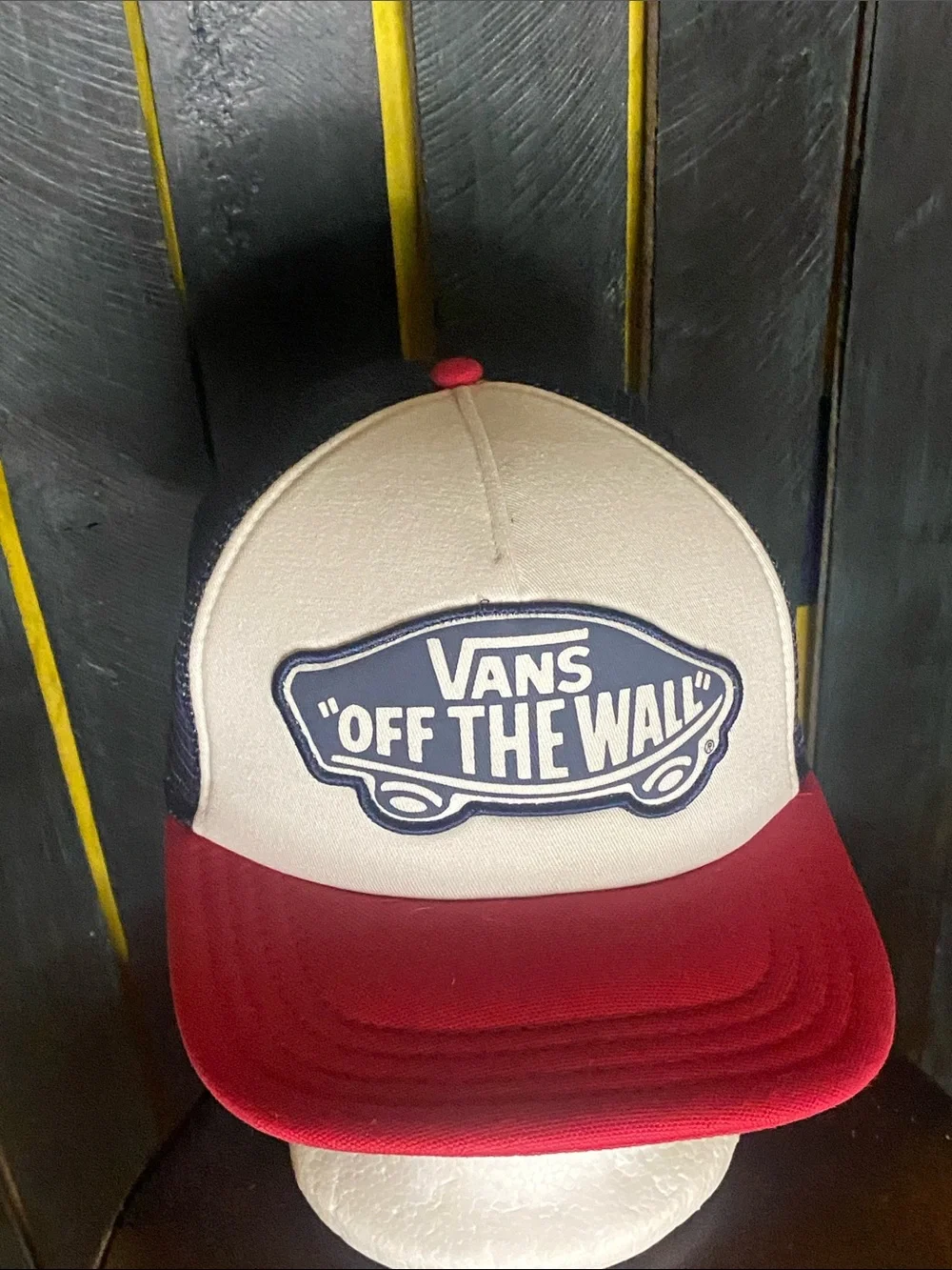 Vans adjustable Trucker Cap in red, white and navy blue snapback