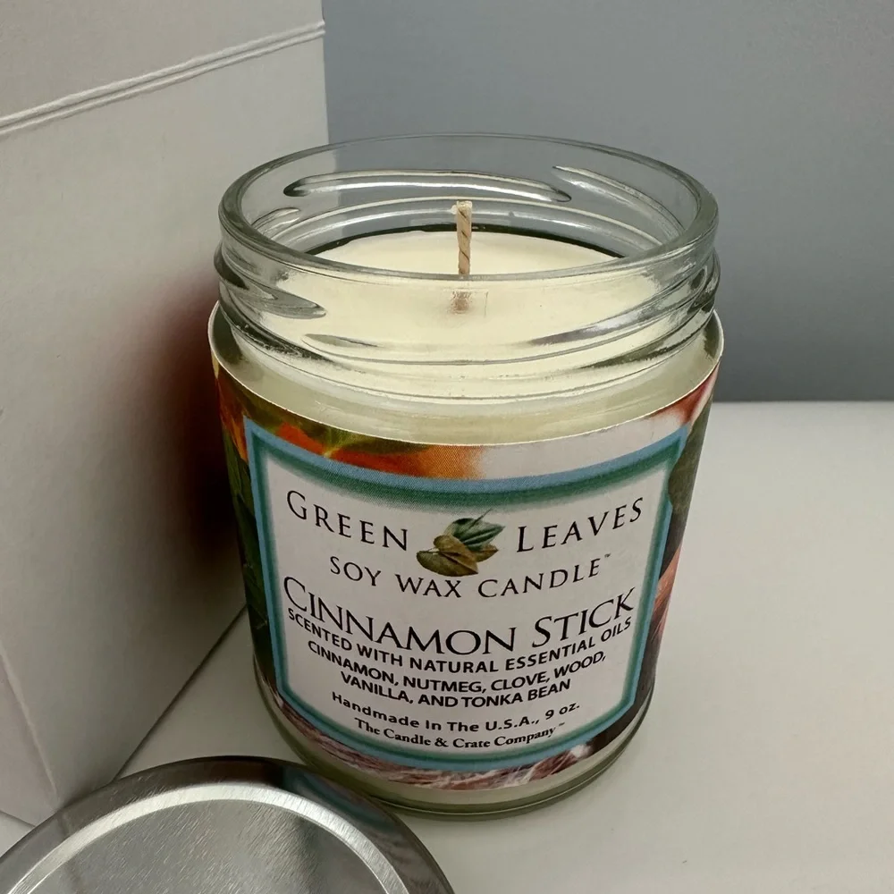Green Leaves Soy Wax Candle, Cinnamon Stick, 9 oz., with gift box