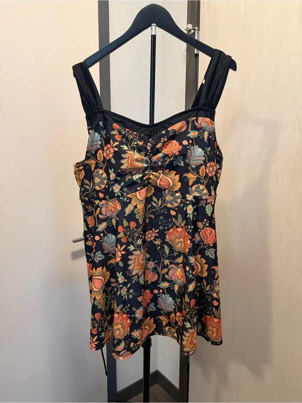 Black Floral Swim Tankini Set - Top and Shorts with Orange Accents