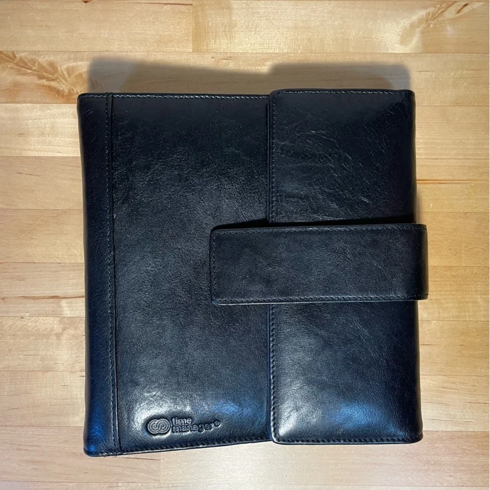 Vintage Time Manager Original Black Gloss Leather 6-Ring Personal Planner Binder