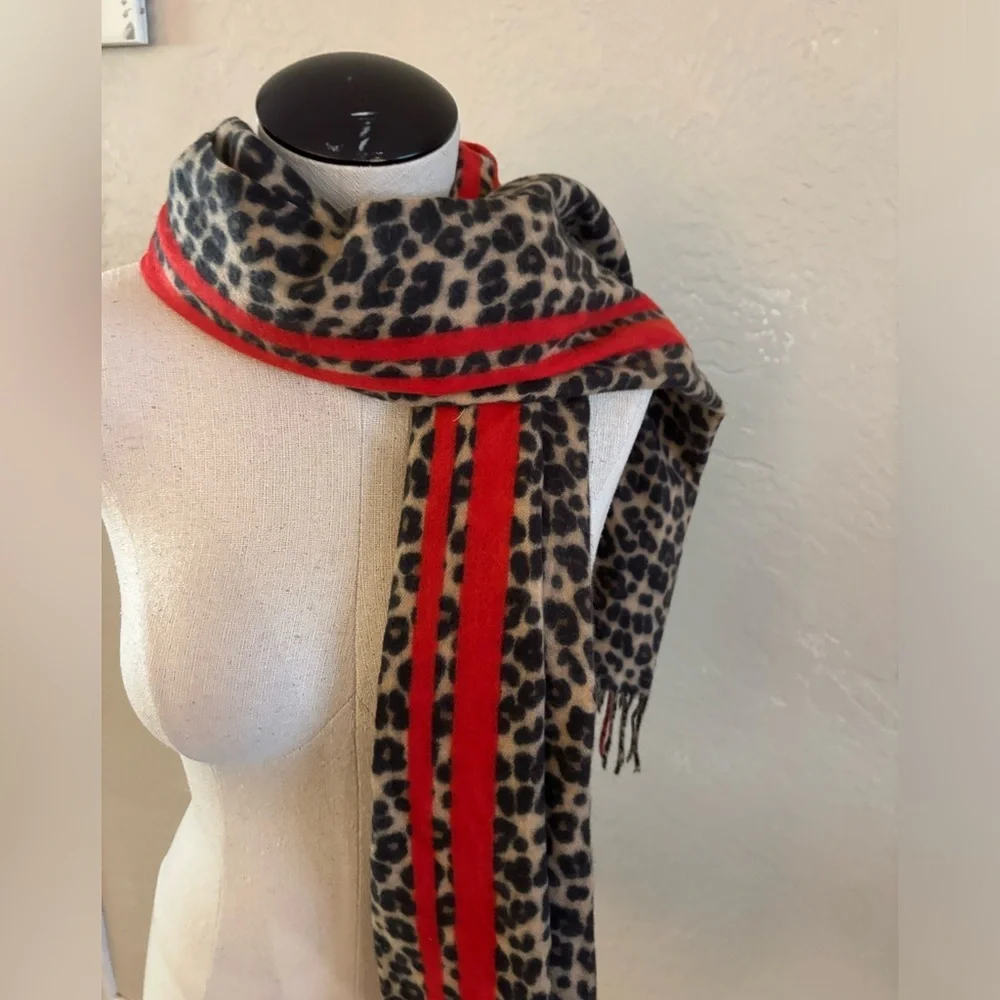 Leopard Print Scarf with Red Stripe - Women Accessories