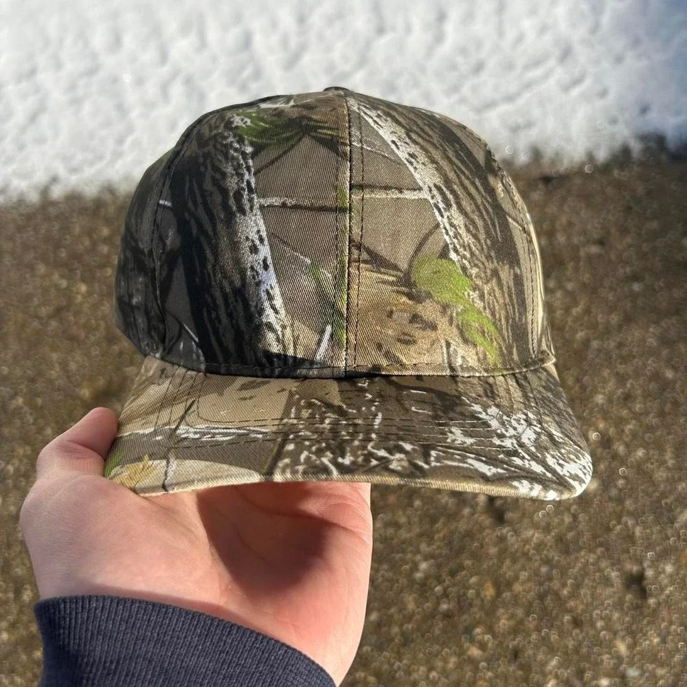 Vintage camo real tree hat cap strap back brown cyber grunge
