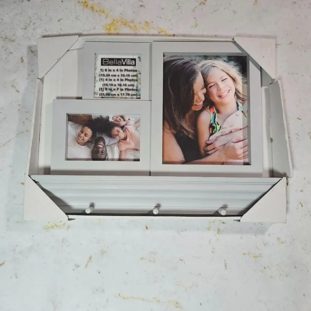 Bella Villa White Collage Picture Frame Shelf w/ 3 Hooks Holds 3 Photos NEW