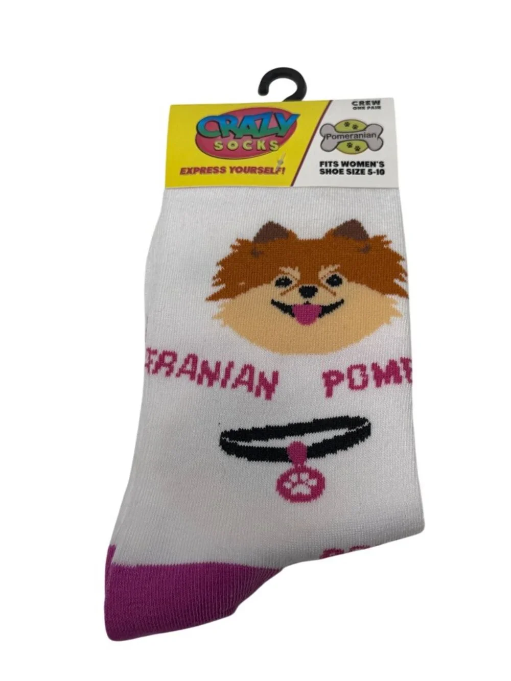 Pomeranian Womens Crew Socks Cute Dog Puppy White Pink Size 5-10 NWT