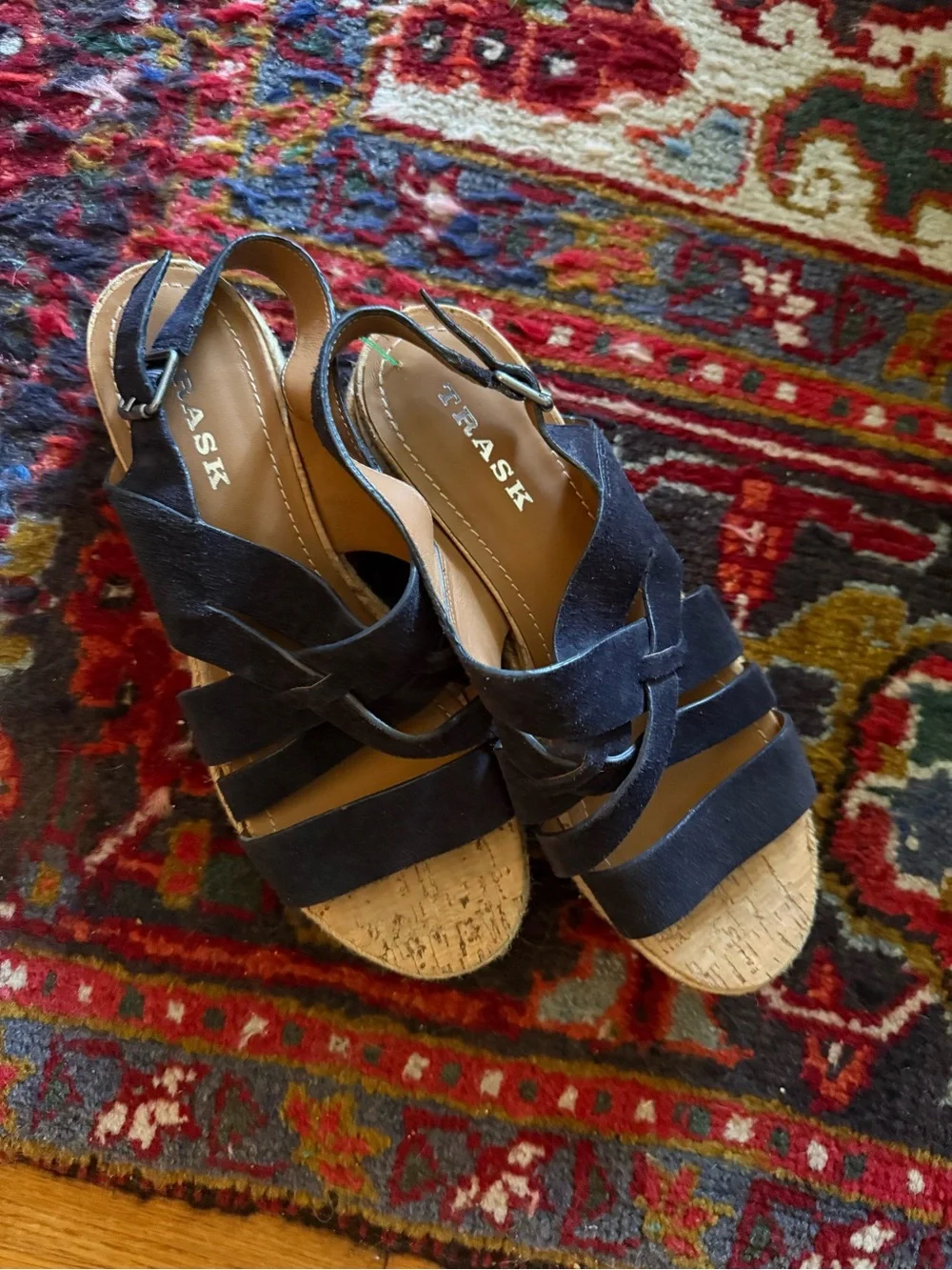 Trask Randi Navy Oiled Suede Espadrille Platform Sandals 9.5
