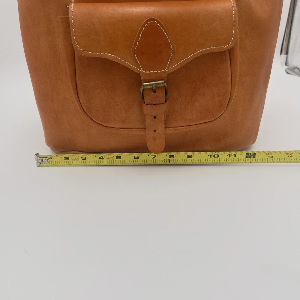Brown Leather Hiking Backpack 15L Drawstring Buckle 2-Pocket Adjustable Straps