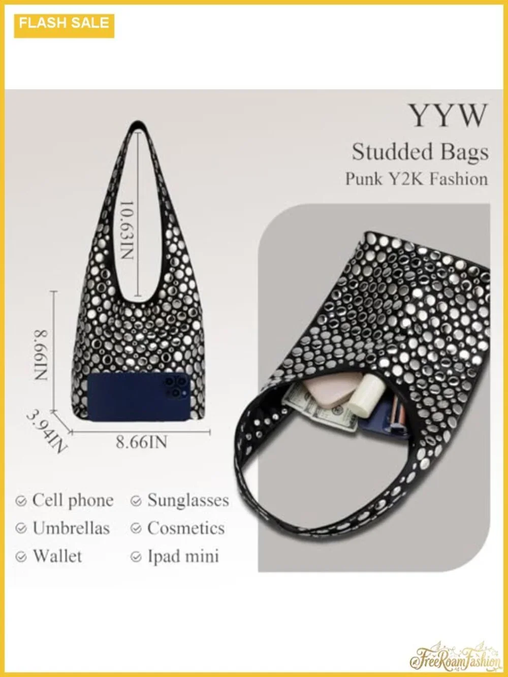 Studded Y2K Hobo Shoulder Bag Faux Leather Punk Underarm Tote Handbag